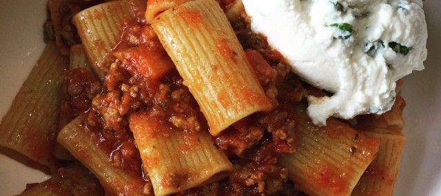 Rigatoni with Lamb Bolognese and Mint Ricotta